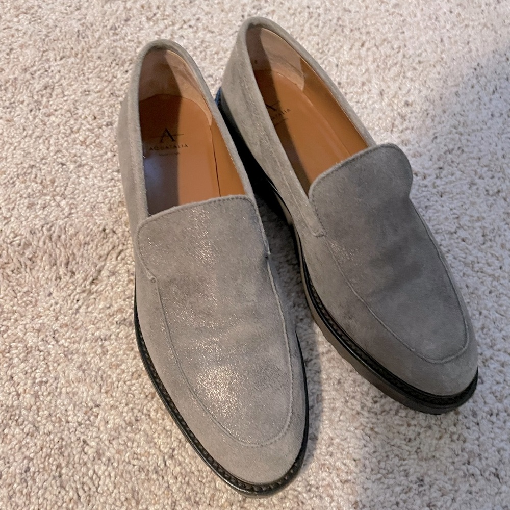 Aquatalia Kelsey Loafer. Made in Italy. 8.5 Metallic pewter, weatherproof style.